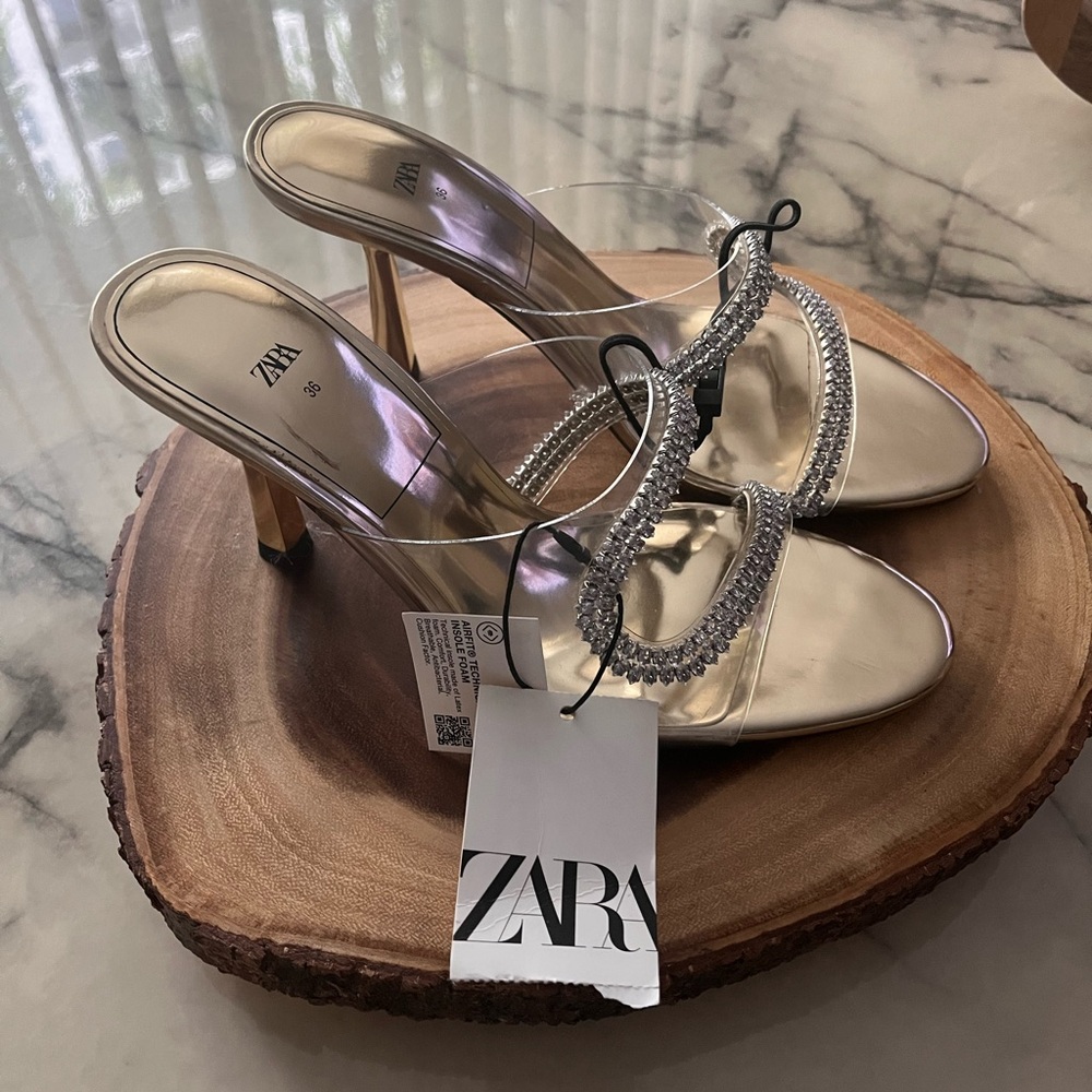 Zara Silver Gold Strappy Heels with Rhinestones - Picture 4 of 4